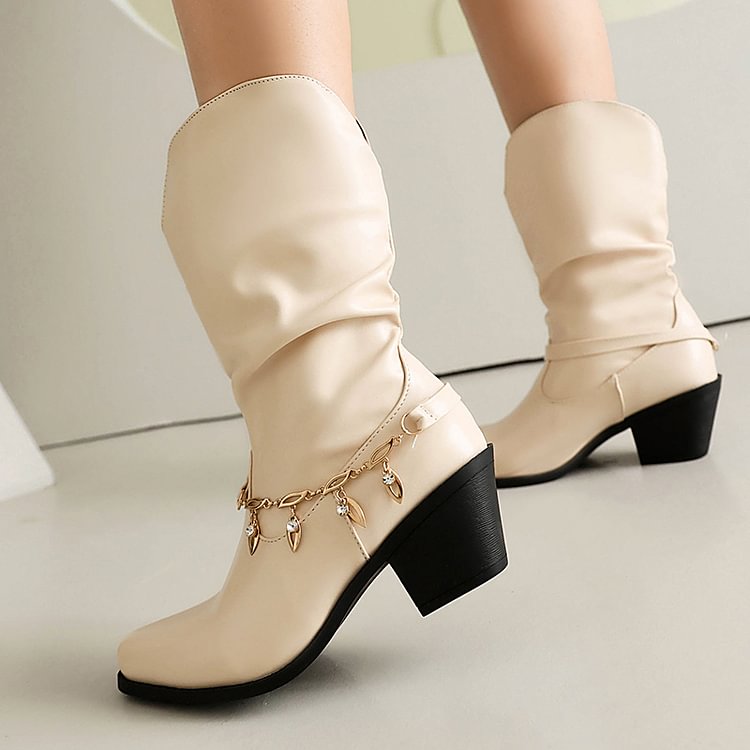 Metal Chain Decor Patchwork Square Toe Chunky Heel Mid Calf Boots