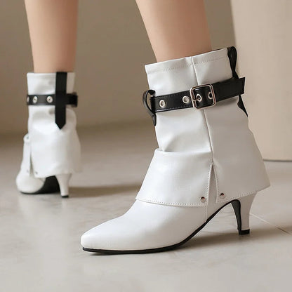 Colorblock Strap Buckle Fold Pointed Toe Stiletto Heel Ankle Boots