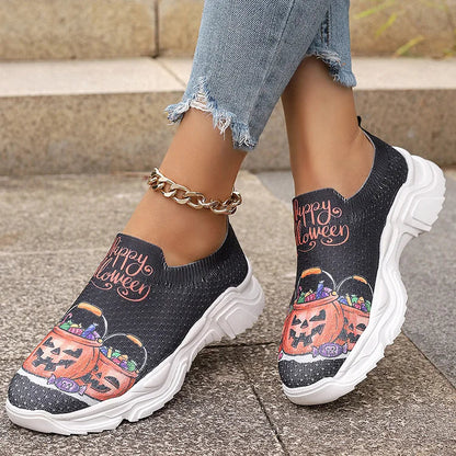 Happy Halloween Floral Skulls Ghost Pumpkin Spider Web Print Slip On Sneakers