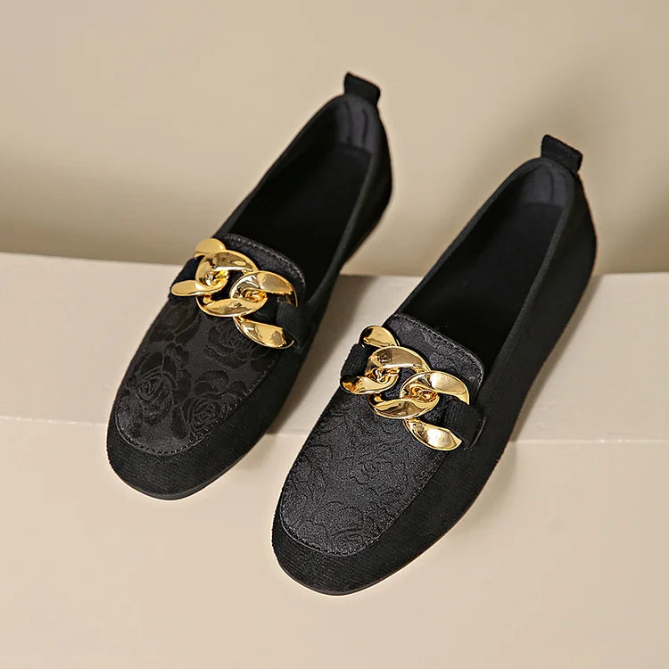 Floral Jacquard Patchwork Metal Chain Decor Round Toe Loafers