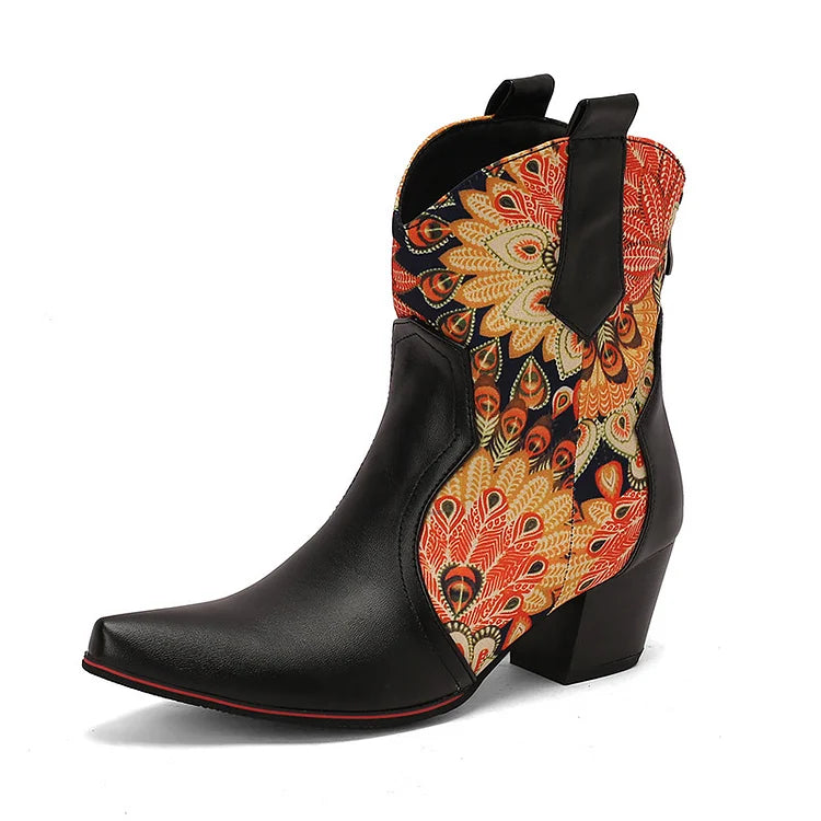 Floral Print Patchwork Chunky Heel Pointed Toe Ankle Boots