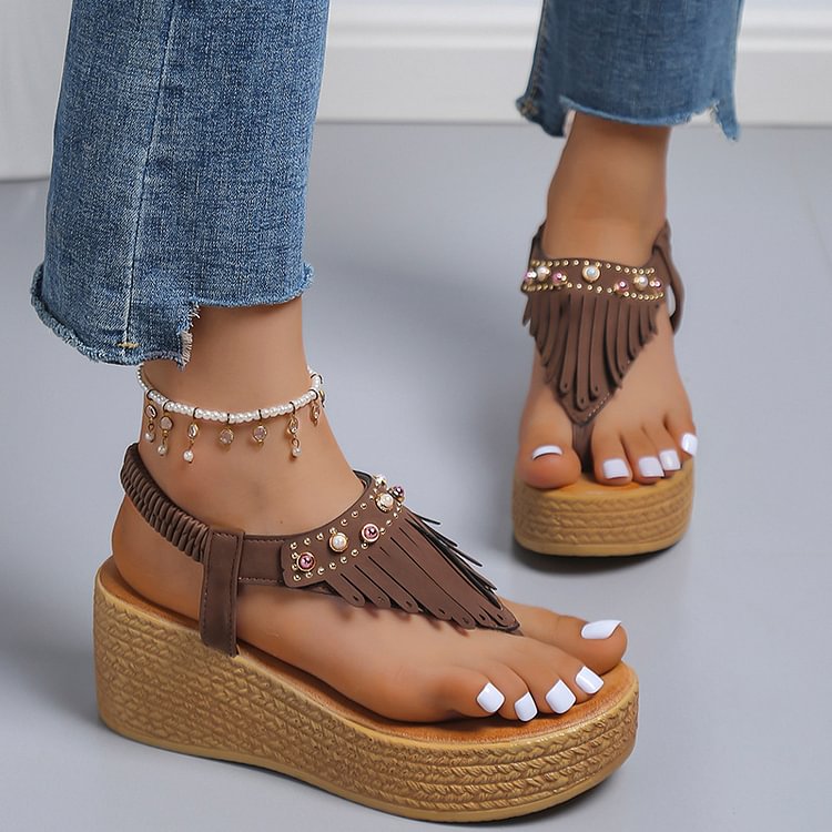 Fringe Trim Rhinestone Pearl Decor Flip Flops Platform Wedge Sandals