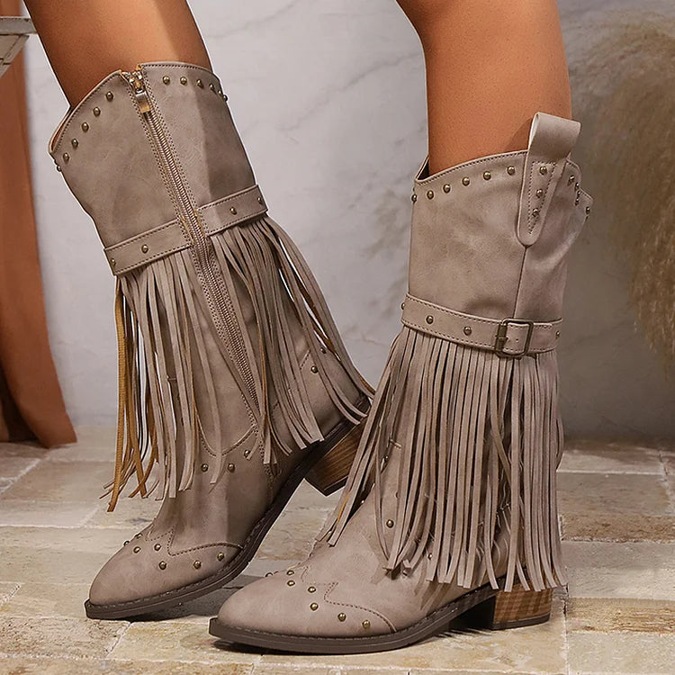 Metal Rivets Fringed Trim Pointed Toe Chunky Heel Mid Calf Boots