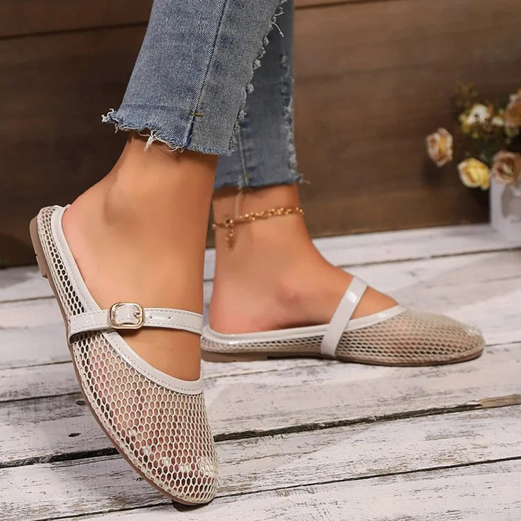 Hollow Out Mesh Instep Strap Plain Casual Round Toe Flats