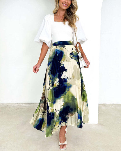 High-end oil painting printed pleated A-line pleated skirt