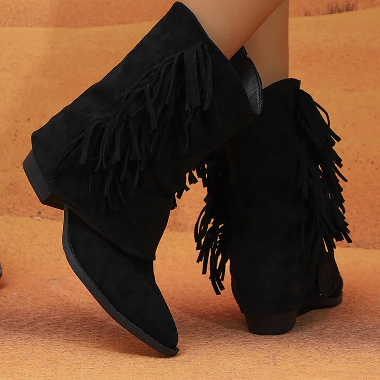 Fringed Trim Solid Color Fold Pointed Toe Chunky Heel Mid Boots