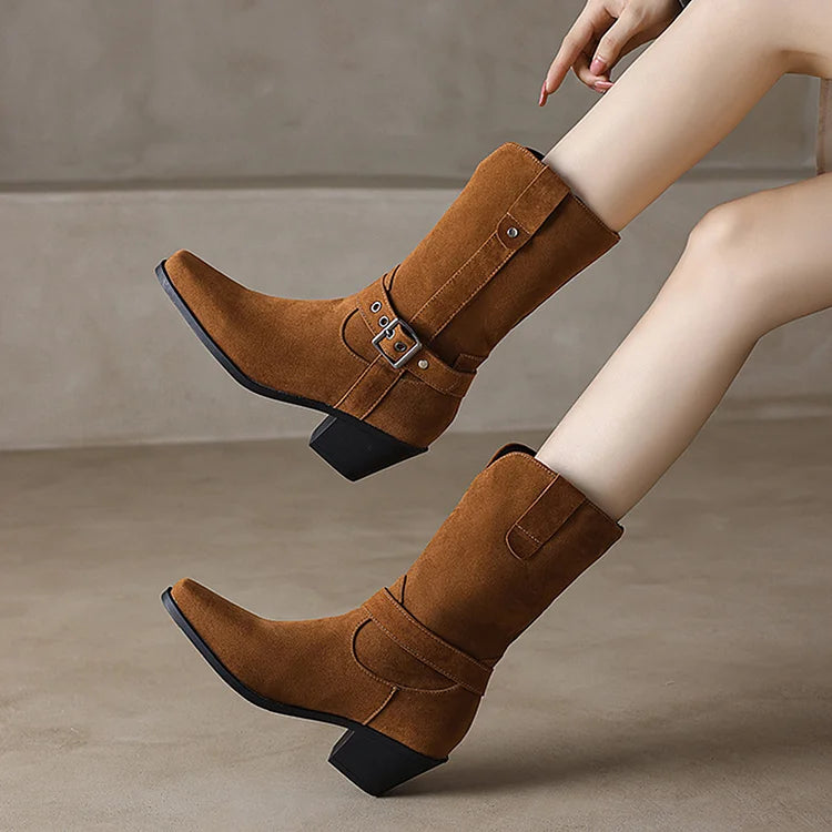 Patchwork Strap Buckle V Cut Square Toe Chunky Heel Mid Boots