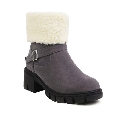 Round Toe Strap Buckle Decor Fluffy Trim Chunky Heel Snow Boots