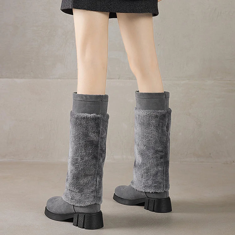 Fluffy Trim Patchwork Round Toe Chunky Heel Pull On Long Boots