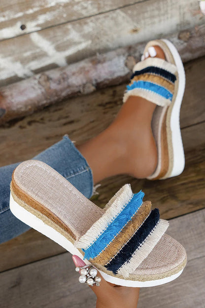 Tassels Trim Striped Espadrille Platform Wedge Outdoor Slippers