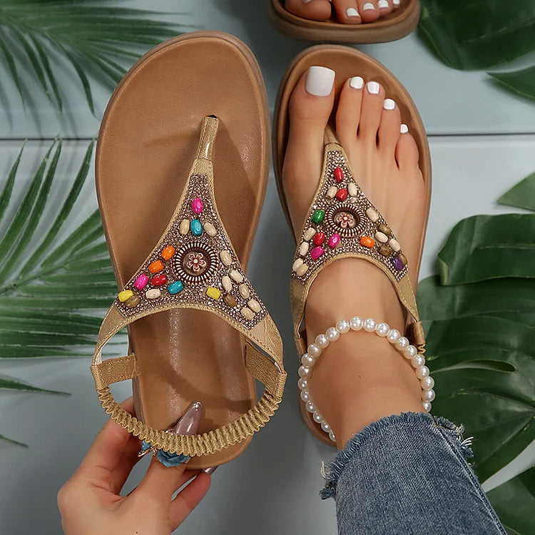 Boho Colourful Beads Rhinestone Flip Flops Elastic Band Sandals