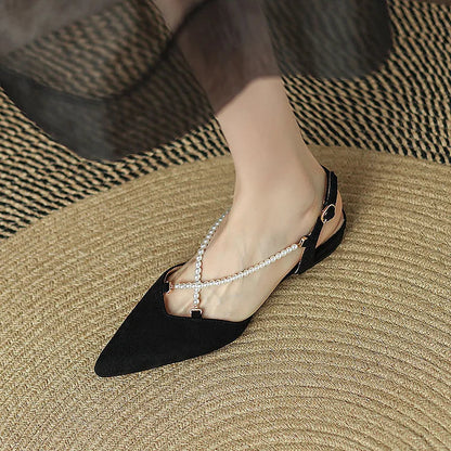 Criss-Cross Pearl Trim Strap Pointy Toe Matte Flats