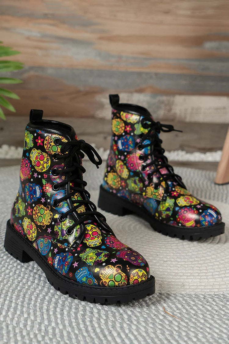 Colorful Floral Print Round Toe Low Block Heels Lace Up Ankle Boots