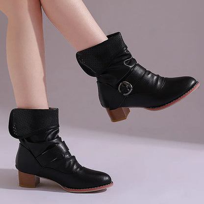 Colorblock Fold Patchwork Strap Buckle Chunky Heel Ankle Boots