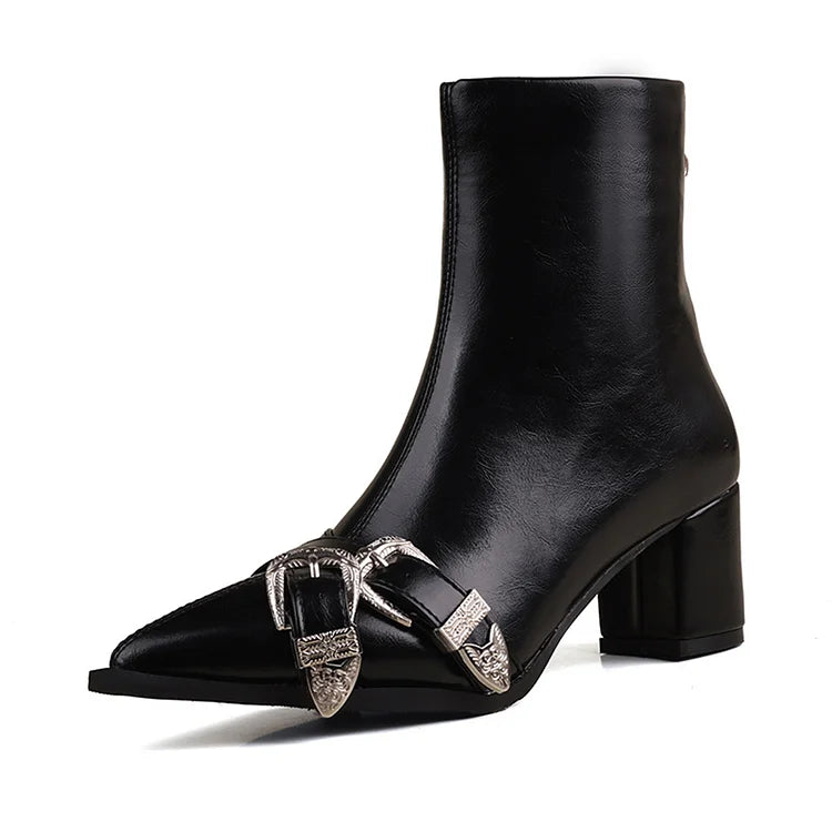 Pointed Toe Two Straps Buckles Decor Chunky Heel Ankle Boots