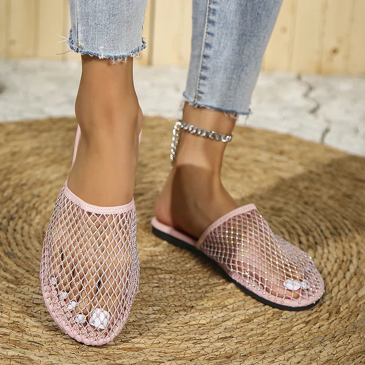 Rhinestone Decor Hollow Out Closed Toe Solid Color Slippers