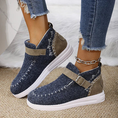 Colorblock Stitch Detail Patchwork Strap Buckle Round Toe Snow Boots