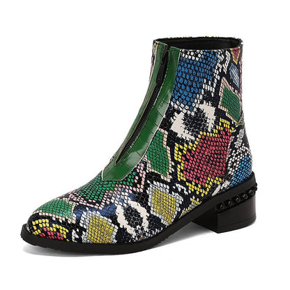 Multicolor Snake Print Patchwork Zipper Round Toe Ankle Boots