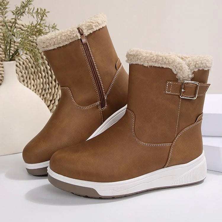 Patchwork Round Toe Strap Buckle Decor Fleece Lined Snow Boots