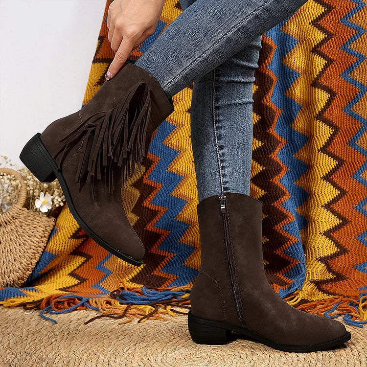 Tassels Decor Solid Color Pointed Toe Chunky Heel Mid Boots