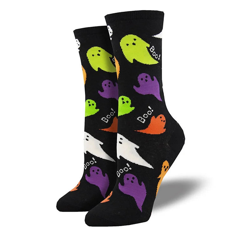 Halloween Maple Leaf Pumpkin Witch Owl Skeleton Print Mid Calf Socks