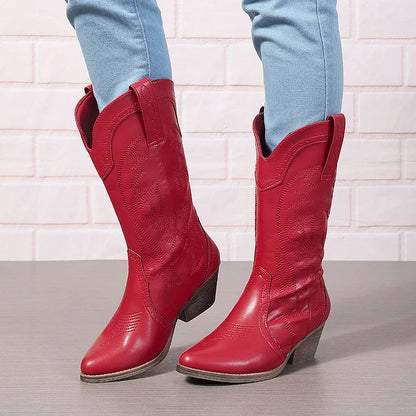 Colorblock Stitch Detail Floral Pattern Pointed Toe Mid Calf Boots