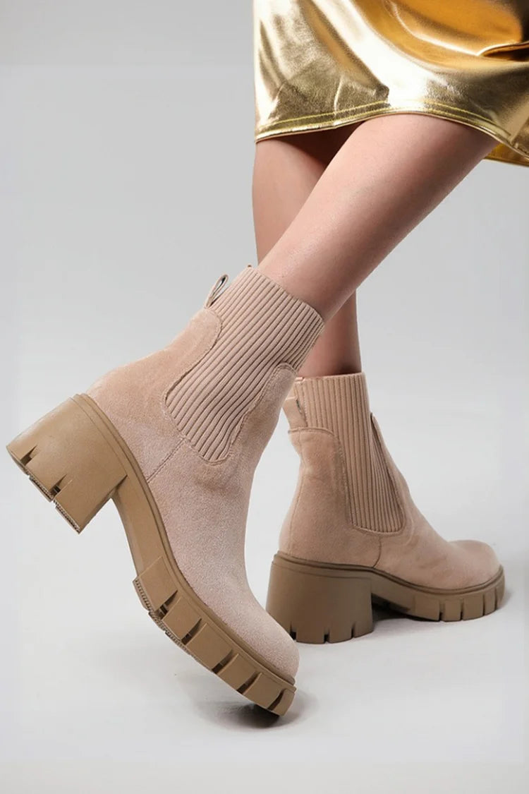 Round Toe Patchwork Casual Chunky Heel Pull On Ankle Boots