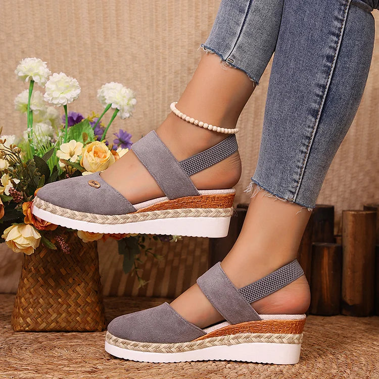 Metal Decor Slingback Strap Closed Toe Plain Espadrille Wedge Sandals