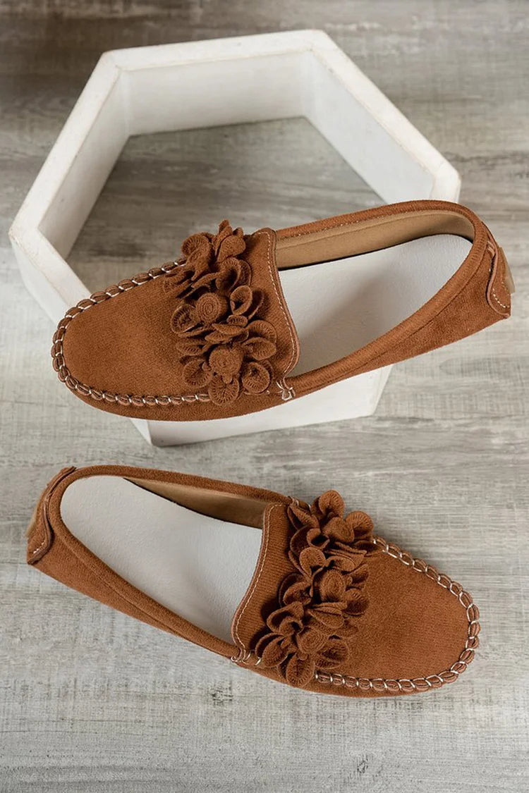 3D Flower Decor Round Toe Solid Color Stitch Detail Loafers