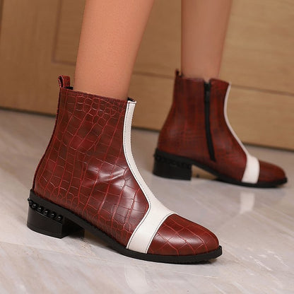 Colorblock Abstract Pattern Patchwork Round Toe Ankle Boots