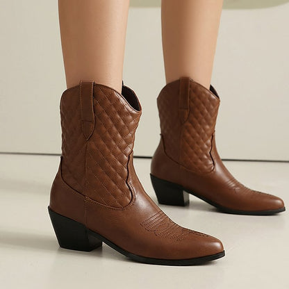 Stitch Detail Pointed Toe Patchwork Chunky Heel Ankle Boots