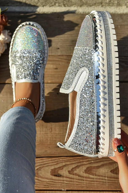 Rhinestone Decor Glittering Stitch Detail Round Toe Loafers