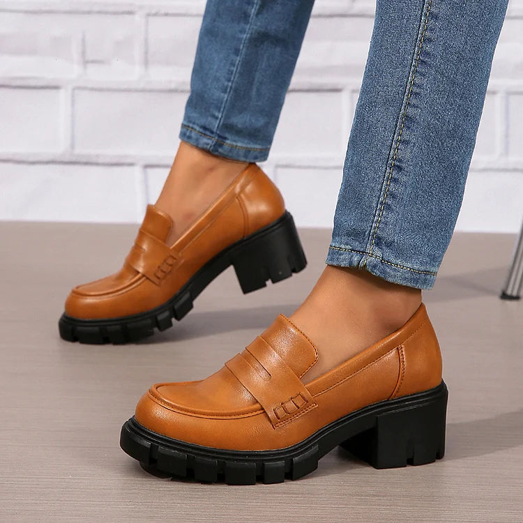 Casual Patchwork Round Toe Plain Chunky Heels Loafers