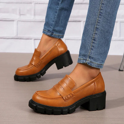 Casual Patchwork Round Toe Plain Chunky Heels Loafers