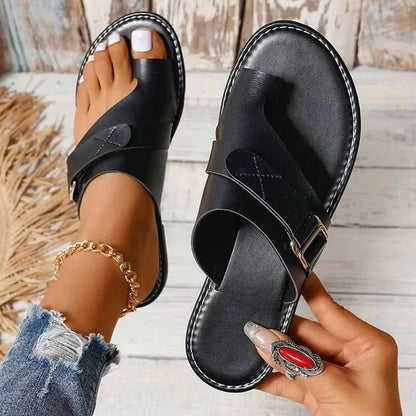 Belt Buckle Patchwork Seam Toe Ring Plain Slippers