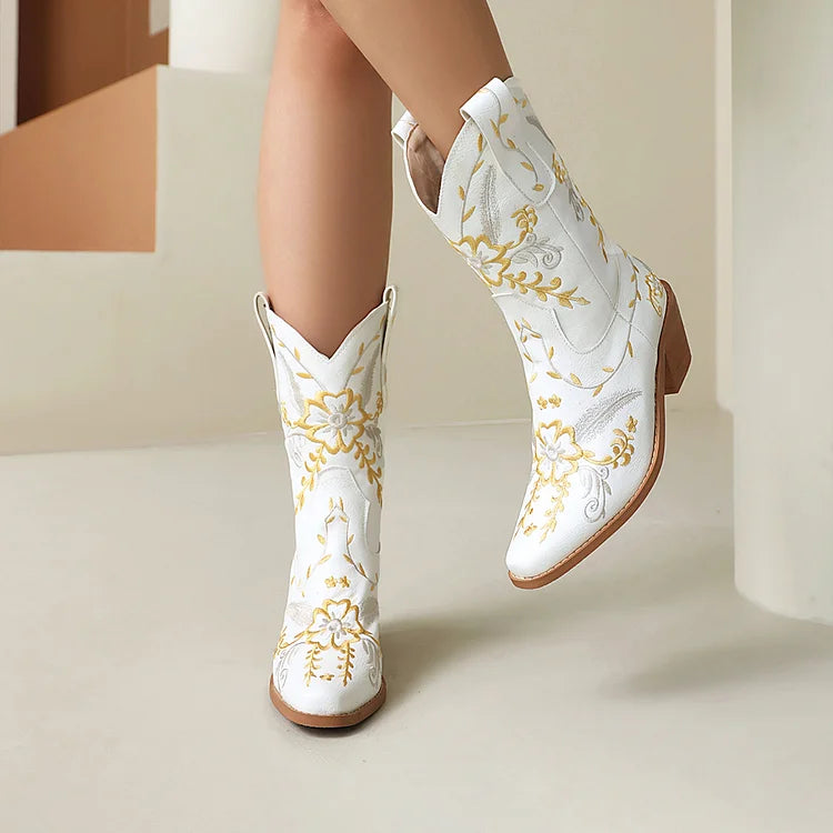 Floral Embroidery Patchwork Pointed Toe Chunky Heel Western Boots