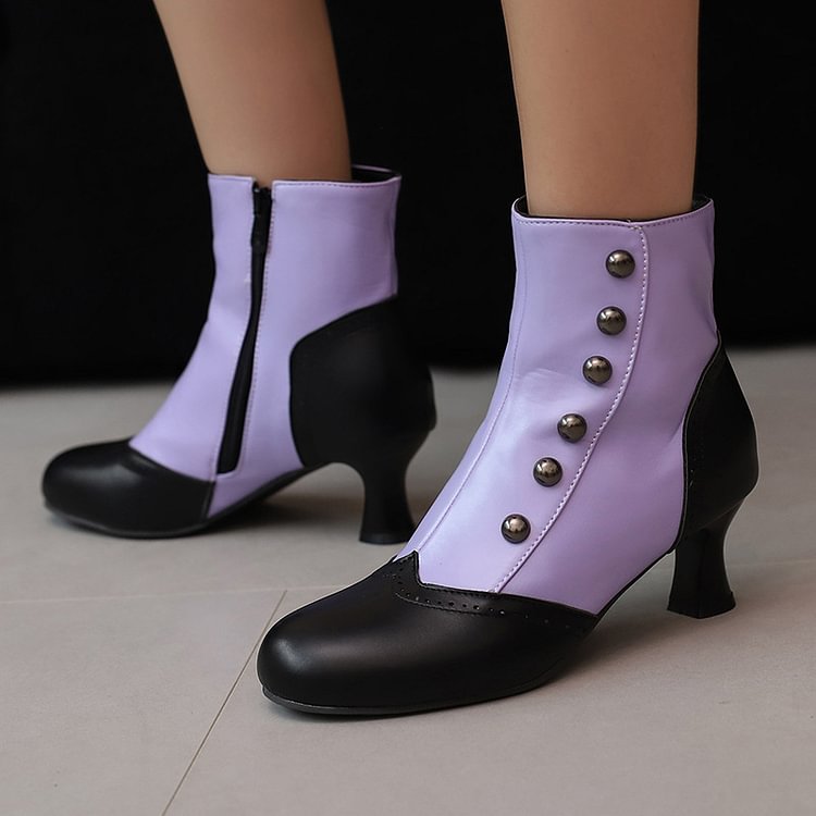 Colorblock Round Toe Metallic Studded Zipper Ankle Boots