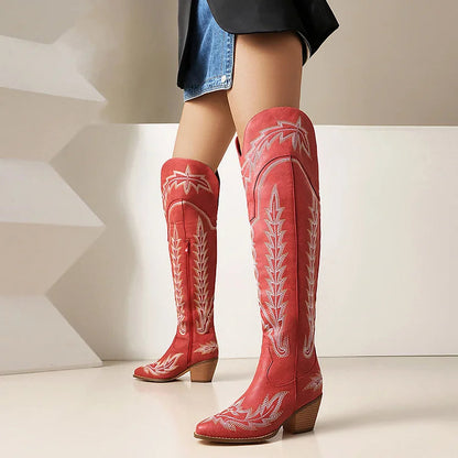 Embroidery V Cut Zipper Pointed Toe Chunky Heel Over The Knee Boots