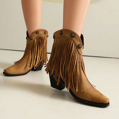 Fringed Trim Metallic Studded Square Toe Chunky Heel Ankle Boots