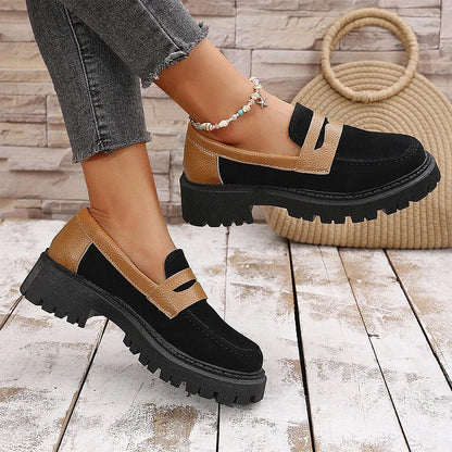 Colorblock Round Toe Patchwork Chunky Heel Casual Loafers