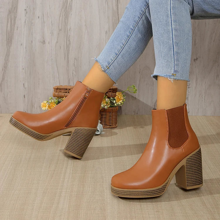 Zipper Patchwork Round Toe Chunky Heel Ankle Boots