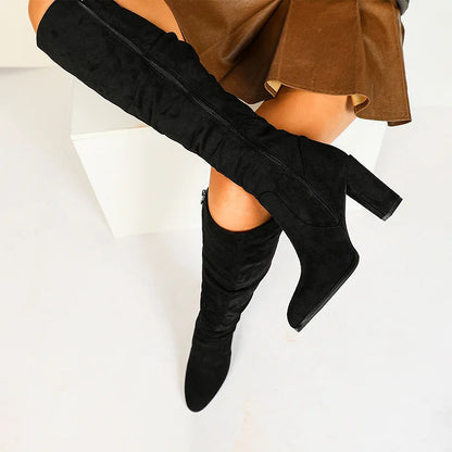 Zipper Solid Color Patchwork Pointed Toe Chunky Heel Knee High Boots