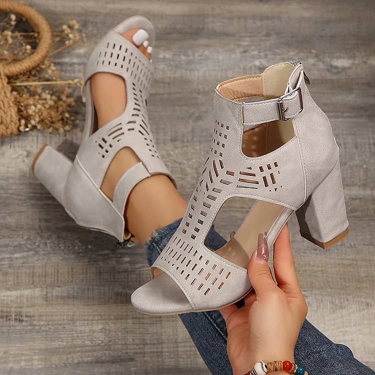 Hollow Out Ankle Strap Peep Toe Buckle Plain Chunky Heels