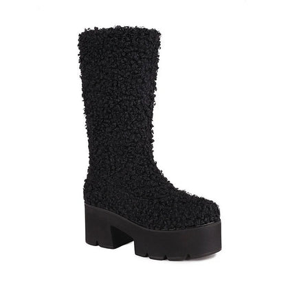 Round Toe Chunky Heel Faux Fur Pull On Platform Mid Calf Boots