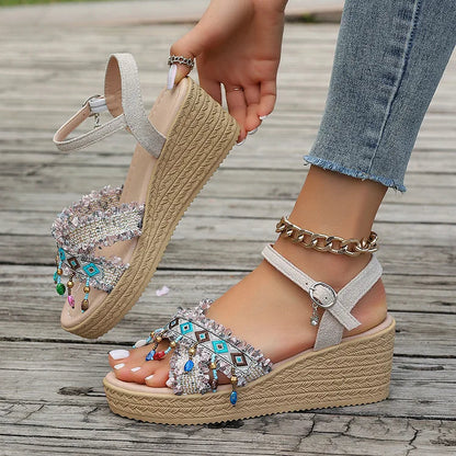 Ethnic Pattern Beaded Pendant Hanging Fringe Ankle Strap Wedge Sandals