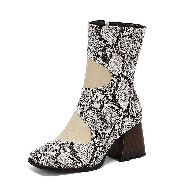 Snake Print Patchwork Square Toe Chunky Heel Mid Calf Boots