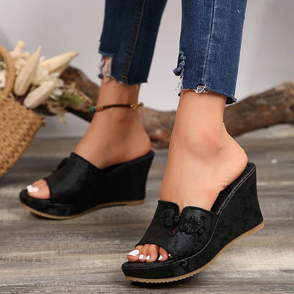 Embroidery Floral Print Platform Muffin Wedge Plain Slippers