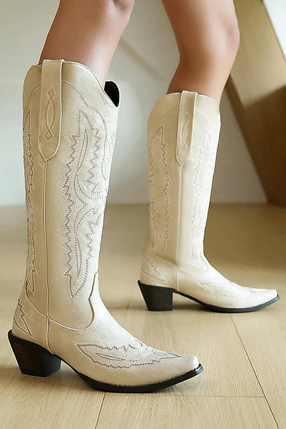 Pointed Toe Embroidery Patchwork Chunky Heel Pull On Western Boots