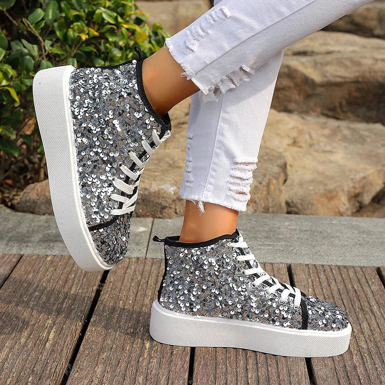 Glitter Sequins Lace Up Round Toe Fashion Casual Shoes