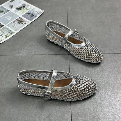 Hollow Out Rhinestone Decor Instep Strap Buckle Round Toe Flats